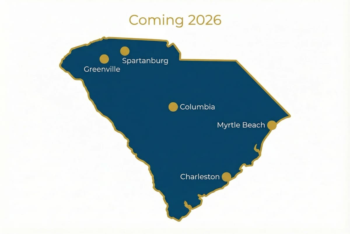 Map of South Carolina showing future Sankofa Family Medicine service areas including Columbia, Charleston, Greenville, and Myrtle Beach. Coming 2026.