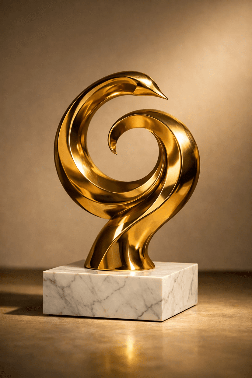 Modern gold Sankofa sculpture on marble base: the bird looking back while moving forward, symbolizing the retrieval of wisdom from the past
