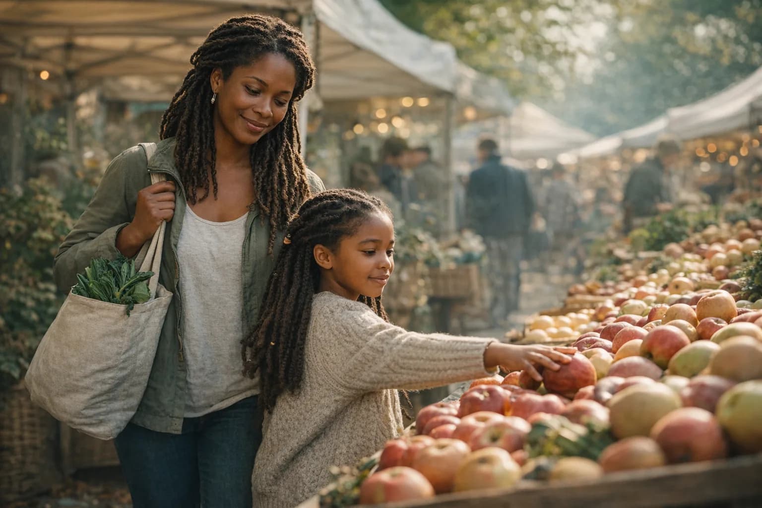 Black mother and young daughter choosing apples at a Pacific Northwest farmers market