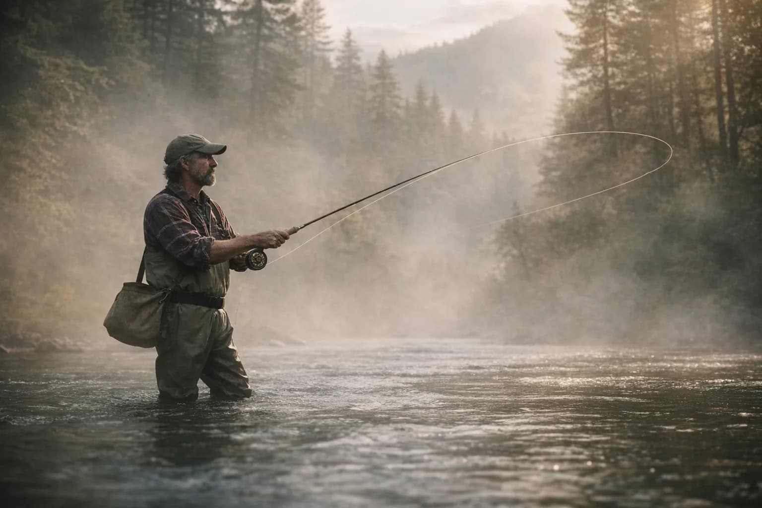 Man fly fishing in a Pacific Northwest river at dawn