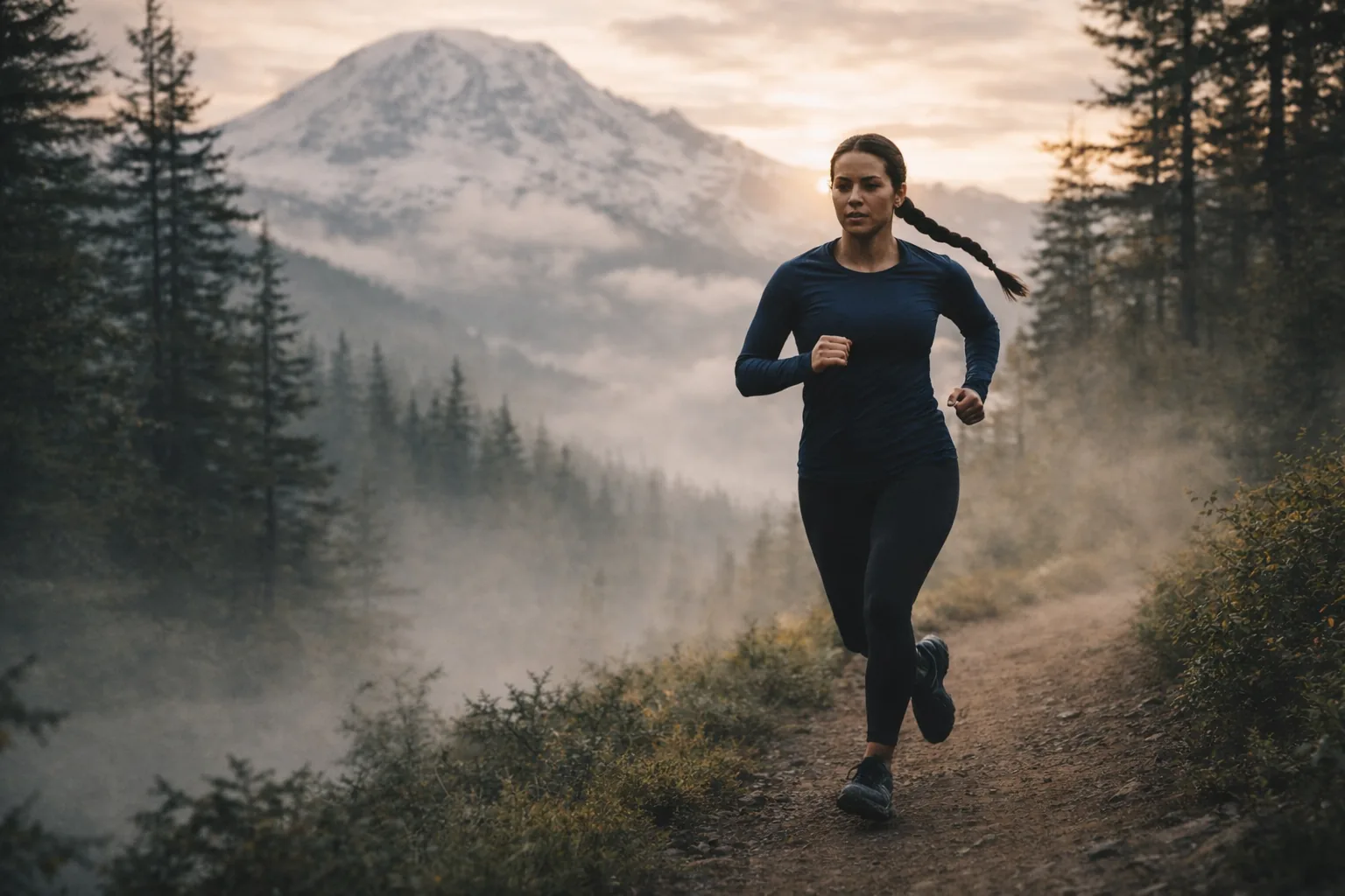 Woman running on a mountain trail at dawn